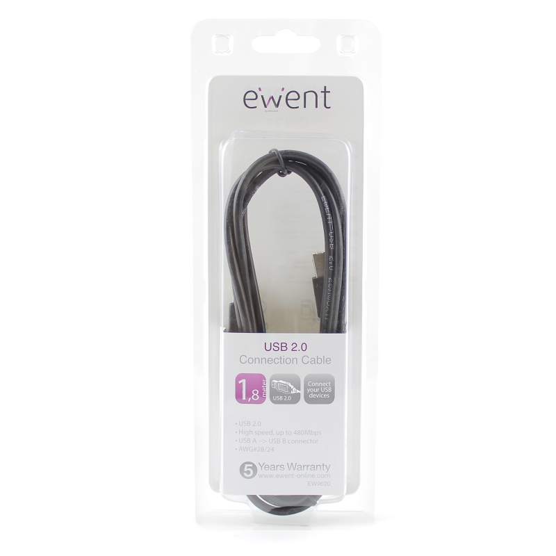 EW9620 | USB 2.0 A/B M/M cable 1.8 mt black, blister | Ewent | distributori informatica