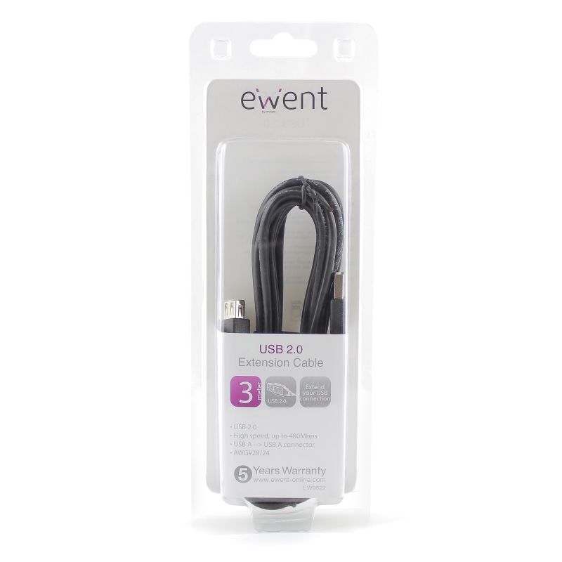 EW9622 | USB extension cable USB 2.0 A/A M/F 3.0mt black, blister | Ewent | distributori informatica