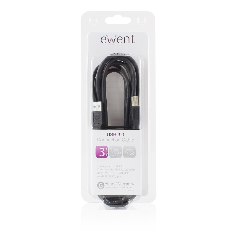 EW9629 | USB 3.0 cable A / A M / M 3.0 meters black, blister | Ewent | distributori informatica