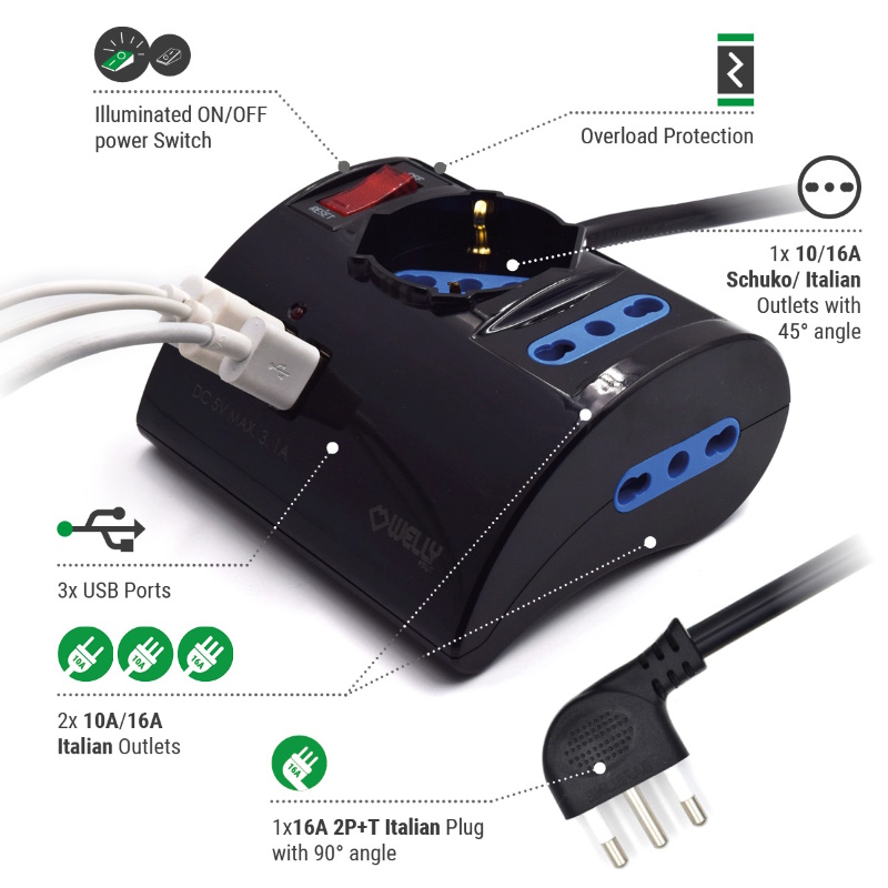 WY13171 | Multipresa da scrivania 3 posizioni con 3 porte Usb - nero | OEM | distributori informatica