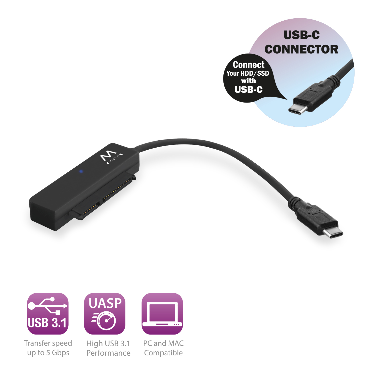 EW7075 | USB-C 3.1 Gen1 to 2.5 inch SATA Adapter Cable for SSD/HDD | Ewent | distributori informatica