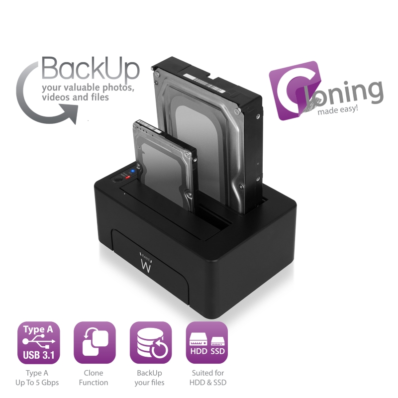 EW7014 | Dual Docking station USB 3.1 for 2.5 and 3.5 SATA HDD/SSD | Ewent | distributori informatica