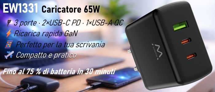 EW1331 - Caricabatterie rapido GaN Fast a 3 porte (2 USB-C PD e 1 USB-A QC) da 65W compatto