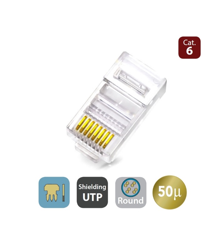 WPCMDP8836UPR50T | PLUG CAT.6 CON FORI PASSANTI RJ45 UTP PER CAVO TONDO RIGIDO | WP Cabling | distributori informatica